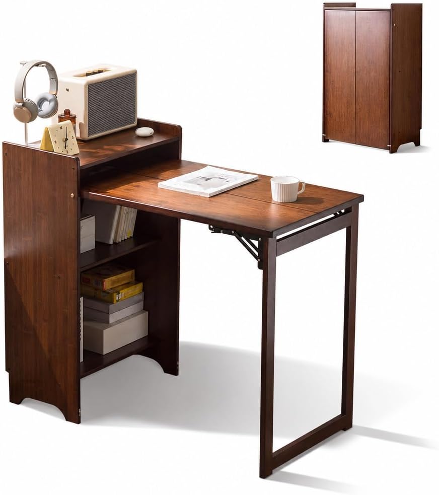 Home Office Hideaway Desk - Bamboo Folding Desk With Storage Shelves,